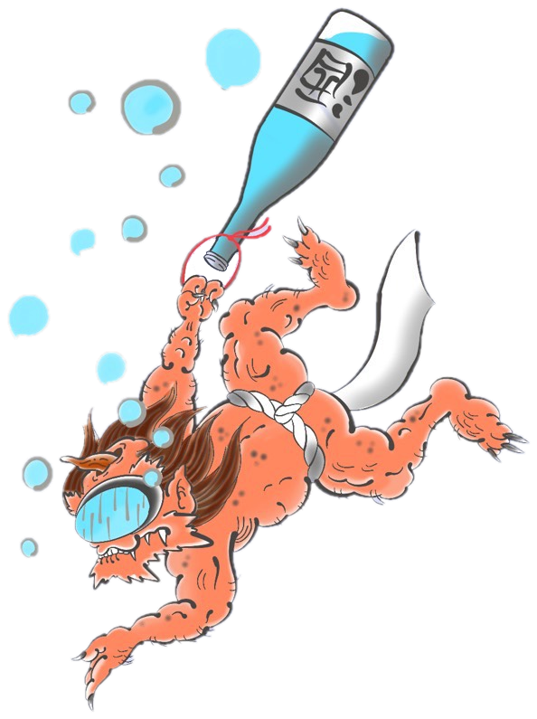 酒瓶を抱えて海に沈んでいく赤鬼の絵